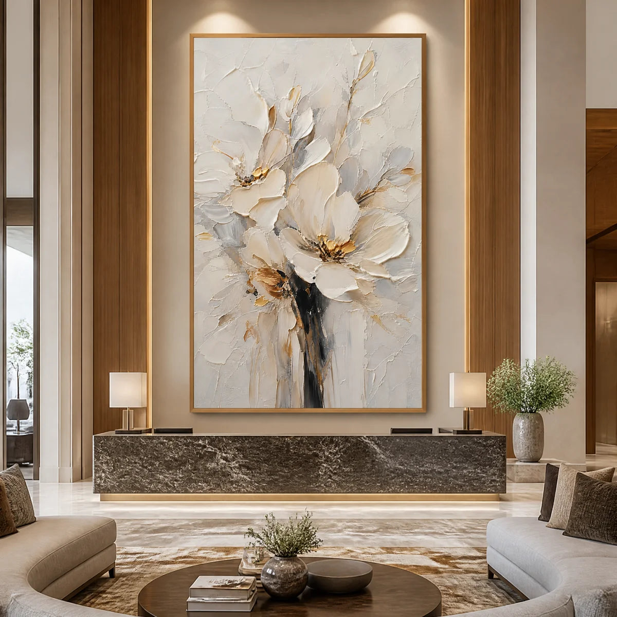 White Bloom abstract flower painting in cream, beige and gold tones in a wood frame displayed in a luxury hotel lobby.