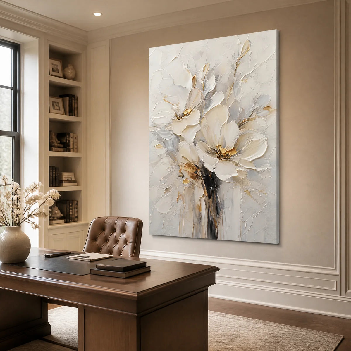 White bloom flower painting, textured white petals with beige-gold accents in a modern office.
