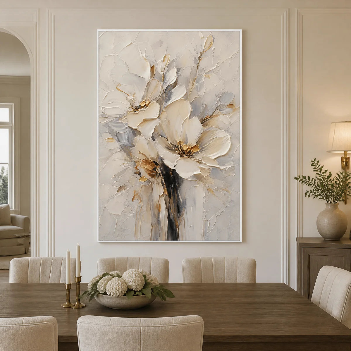 White Bloom abstract flower painting in cream, beige and gold tones displayed in a refined dining room.