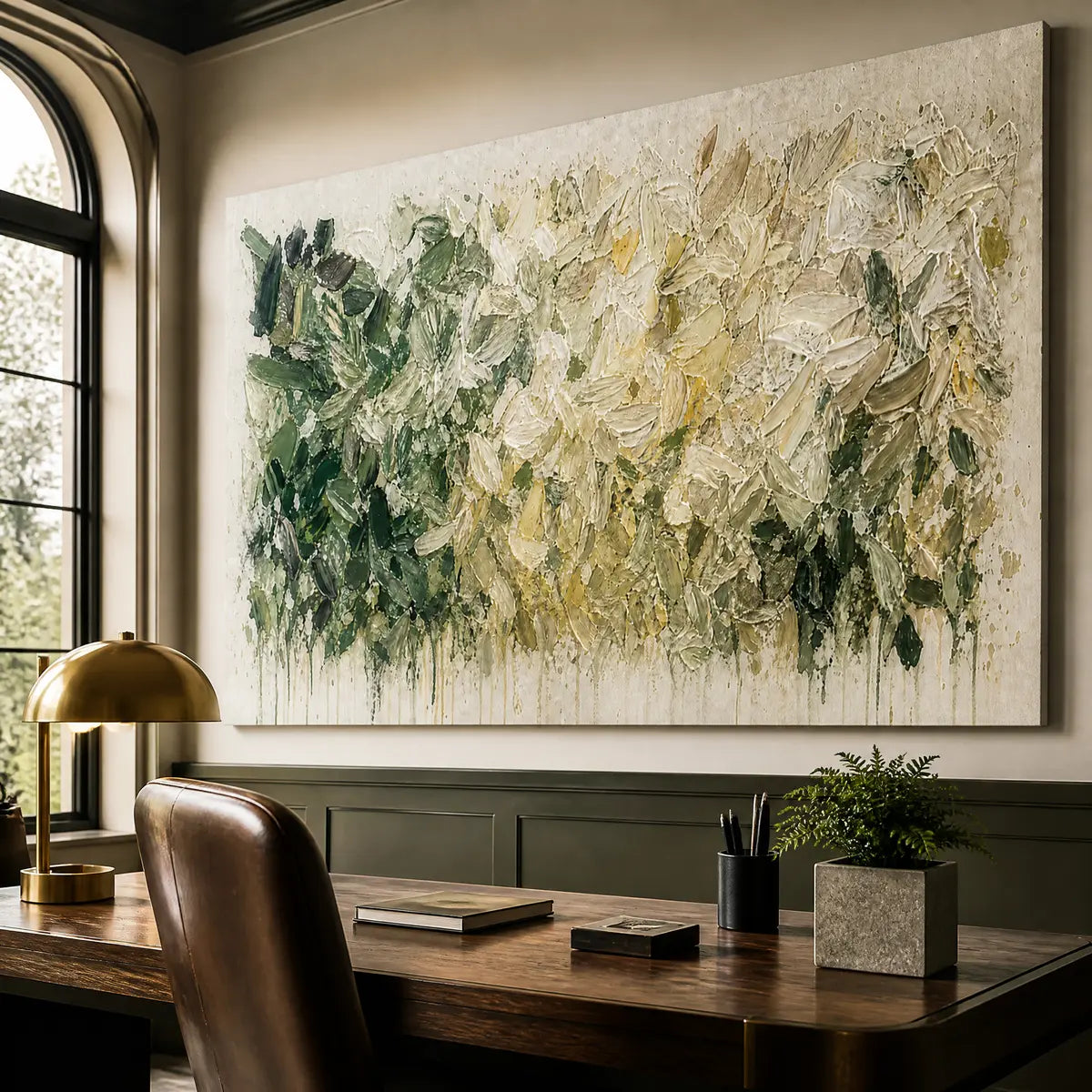 Large botanical abstract wall art with green and white impasto texture above a modern office desk.