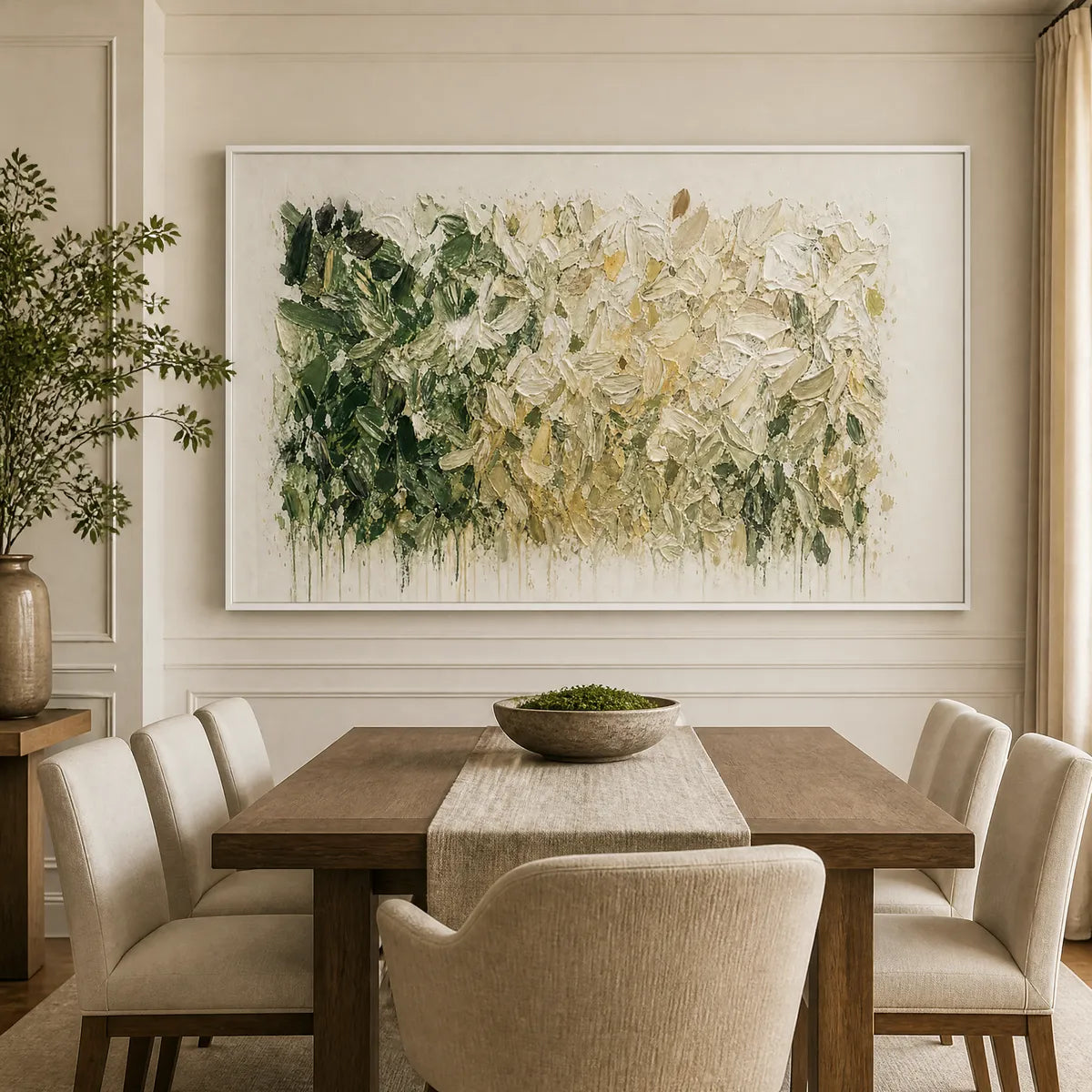 White botanical abstract wall art with green foliage and layered impasto texture above cream sofa displayed in a refined dining room.
