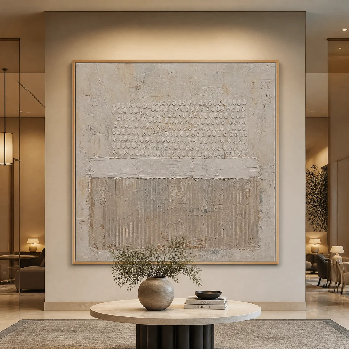 White relief abstract wall art in a wood frame displayed in a luxury hotel lobby.