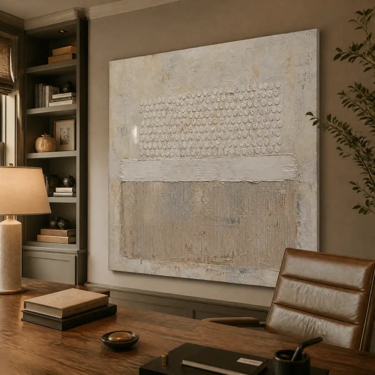 White Silence minimalist relief abstract painting with textured beige and white layers above a modern office desk.