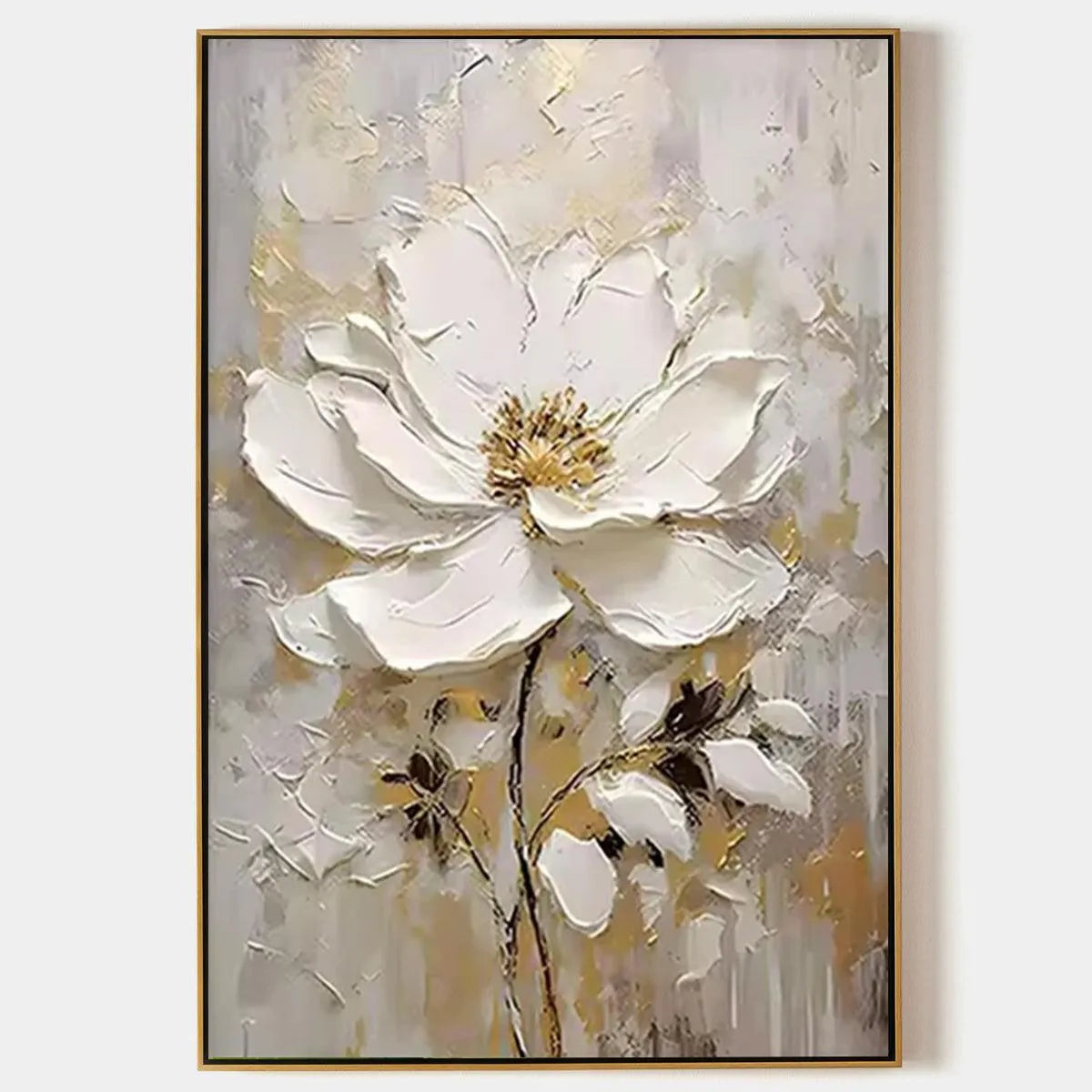 Textured White Floral Painting, Impasto Wall Art, Vertical Canvas, Romantic Decor