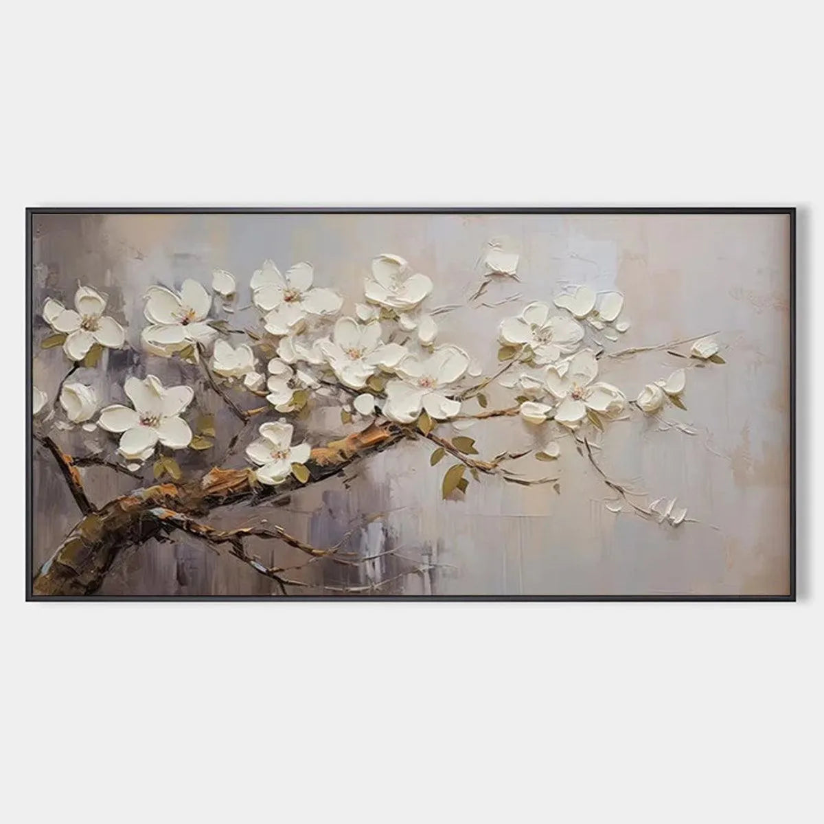 Textured Floral Painting, White Flower Wall Art, Panoramic Canvas, Impressionist Decor