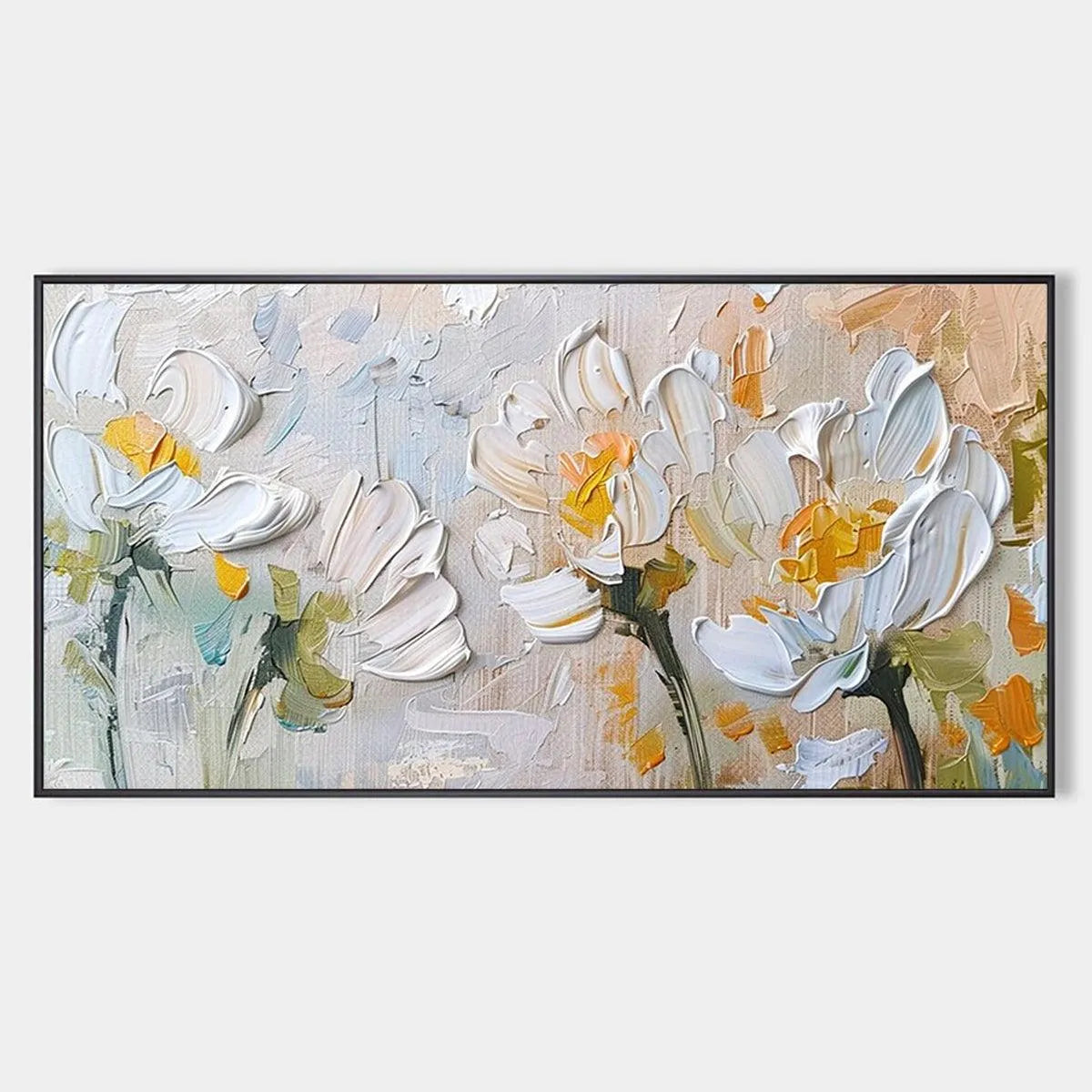 Textured Impasto Floral Painting in White and Beige