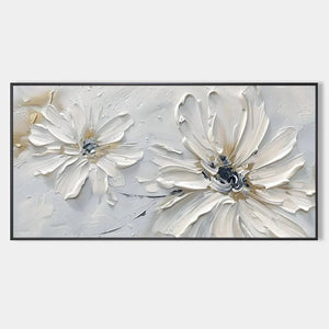 White Blossom Serenity: Textured white floral painting by Elodie Dubois, horizontal wall art, modern decor, framed artwork