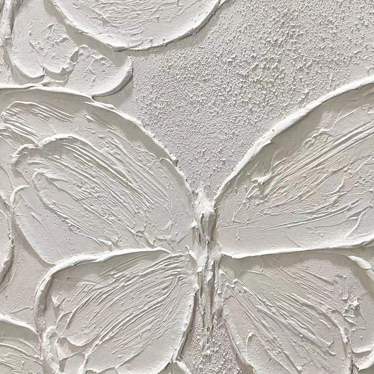 White Butterflies impasto painting by Isabella Rossi. Textured 3D white butterfly artwork, vertical wall art.