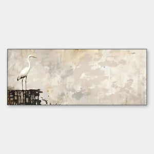 Minimalist panoramic bird art, white heron on textured platform with neutral background, elegant wall decor.