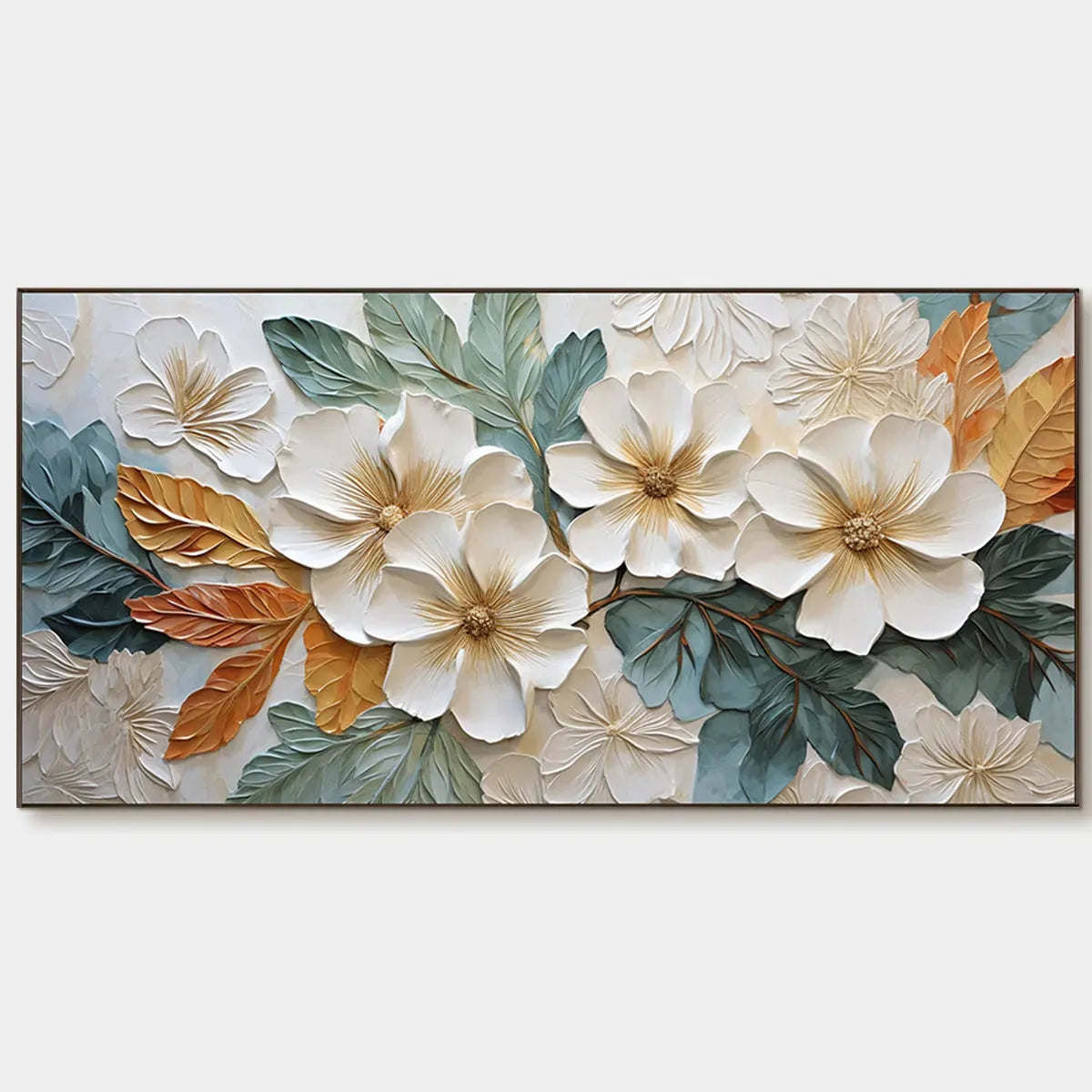 Horizontal Textured Floral Painting, White and Gold Magnolias, Modern Wall Art, Living Room, Bedroom