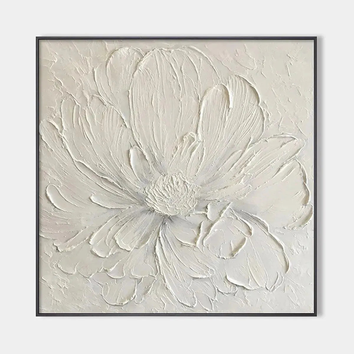 White Peony textured minimalist white floral painting by Elodie Dubois in black frame.