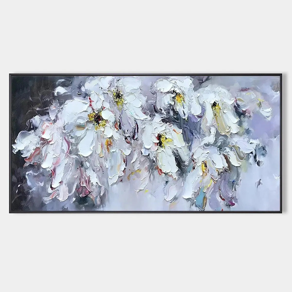 Floral Painting, Impasto, Textured Wall Art, White Flowers, Panoramic