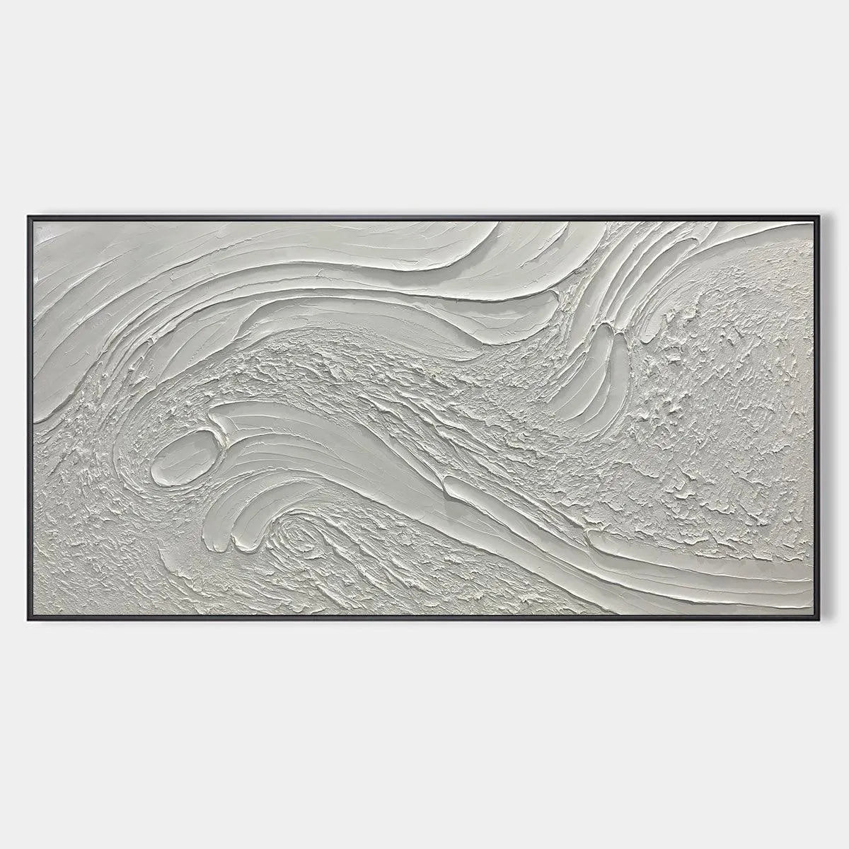 Textured Abstract Painting in Off-White, Panoramic Canvas, Minimalist Wall Art