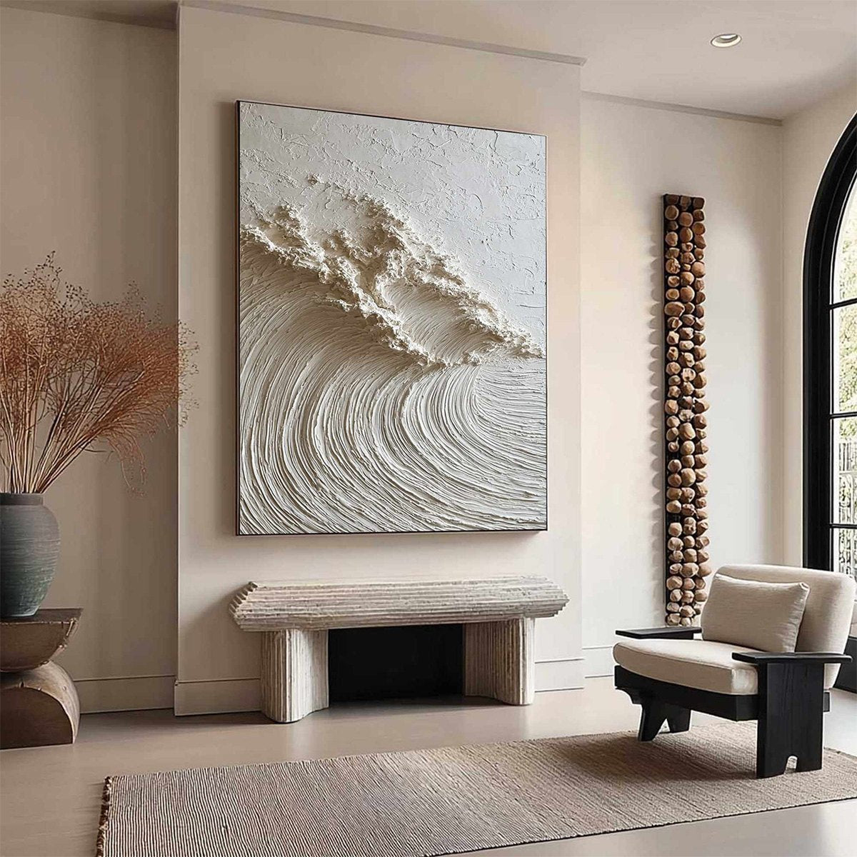WHITE WAVE: Textured Minimalist 3D Oil Painting