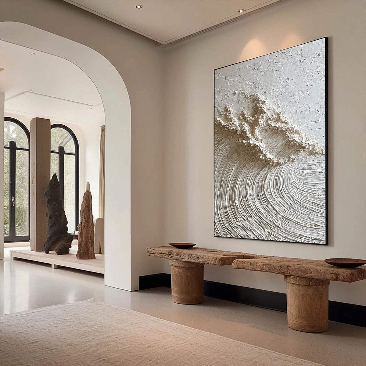 WHITE WAVE: Textured Minimalist 3D Oil Painting