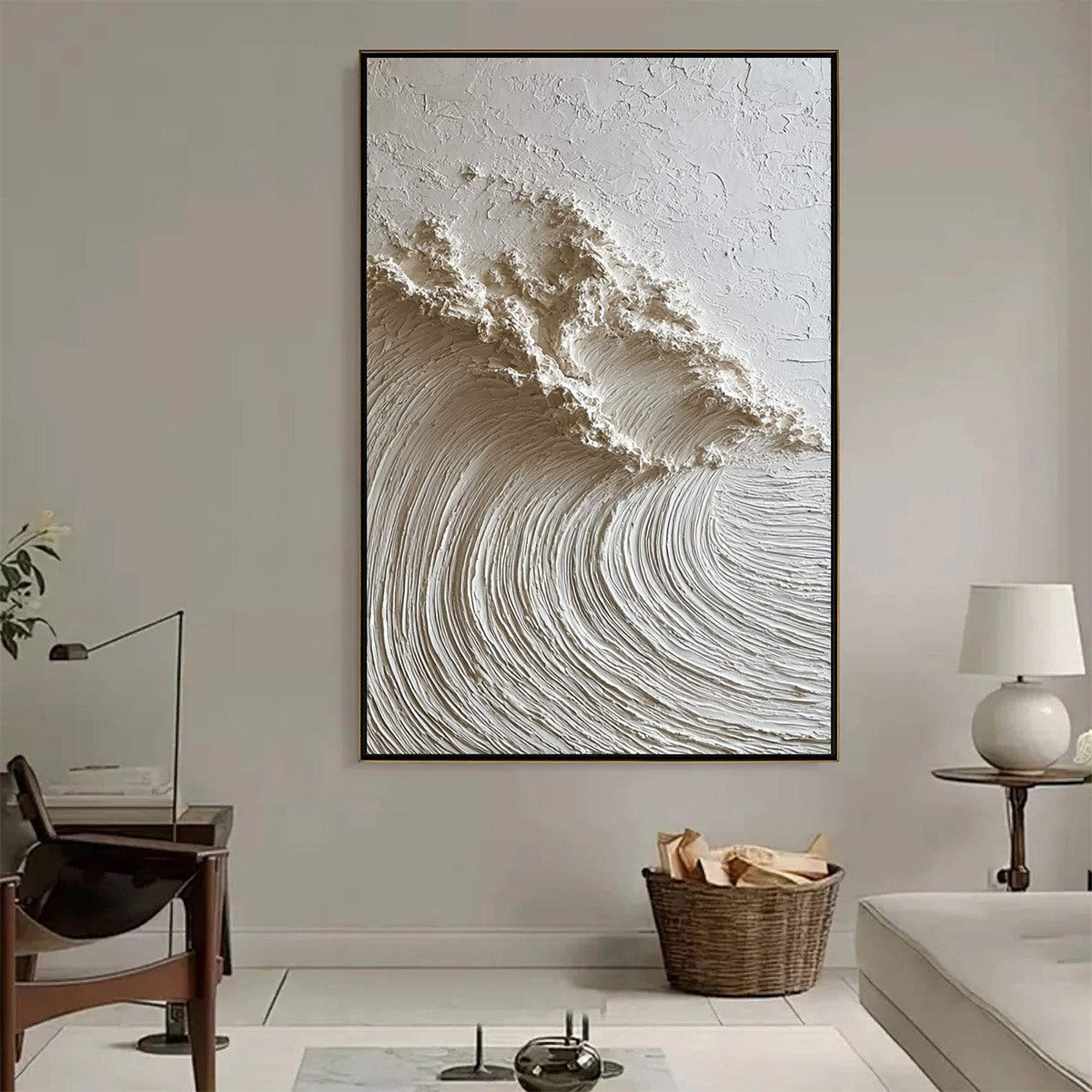 3Dテクスチャーアート 60×120cm 油絵風 ホワイト White Wave: Textured Minimalist 3D Oil Painting – MontCarta