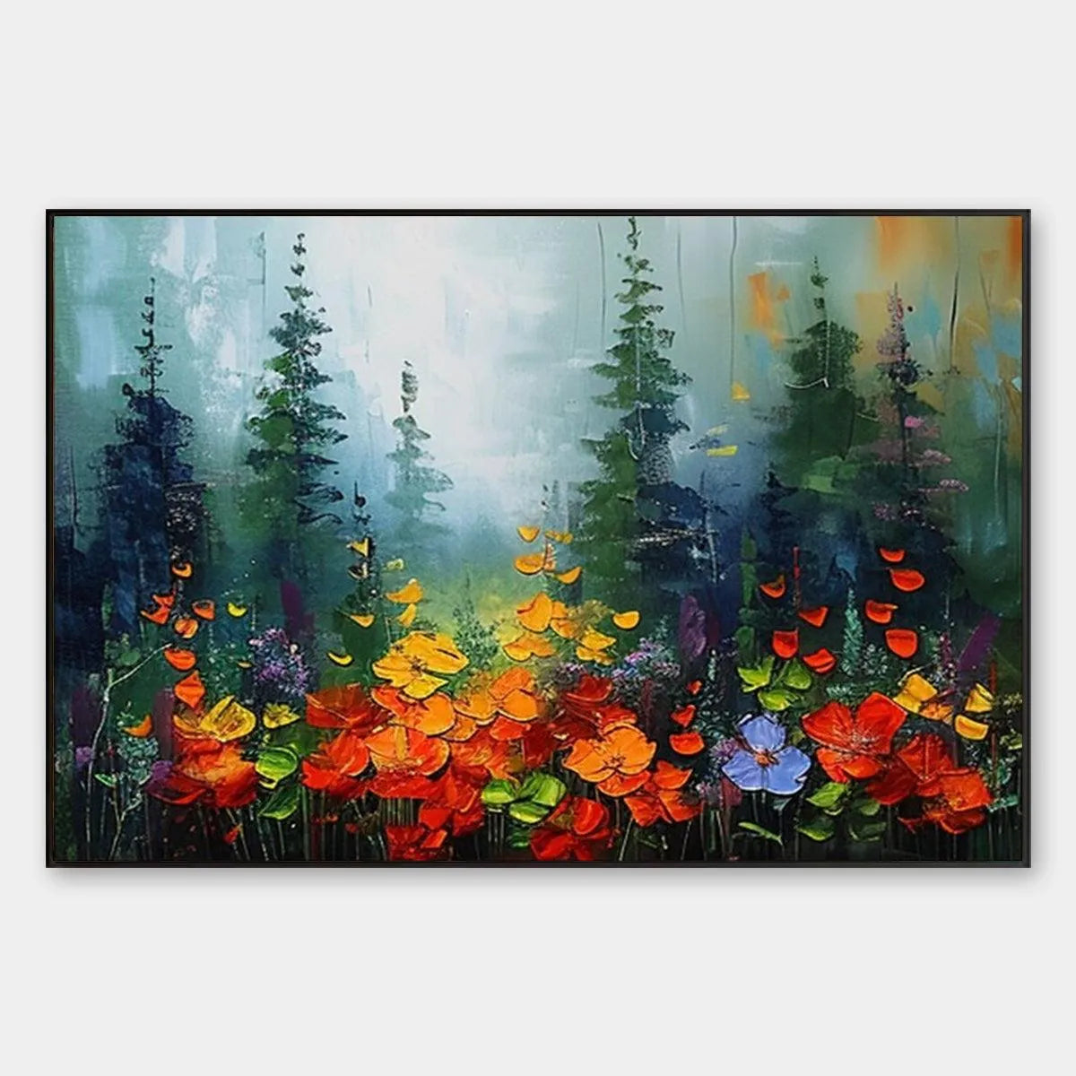 Textured Floral Landscape Painting, Impasto Wall Art, Panoramic Canvas, Nature Decor