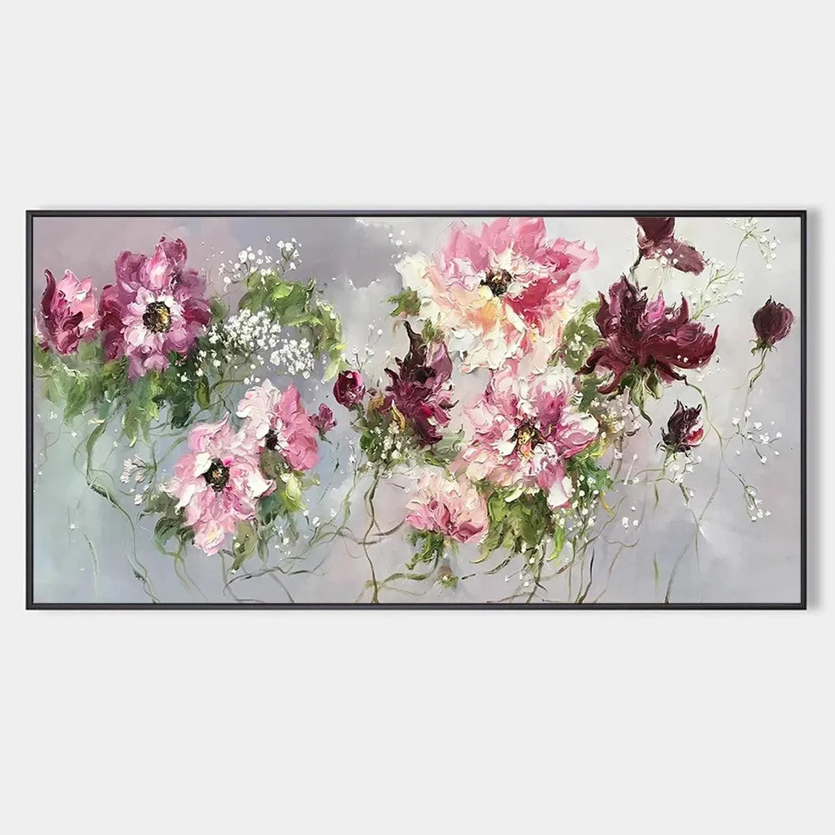 Floral Painting, Panoramic Wall Art, Romantic Decor, Pink and Burgundy Flowers