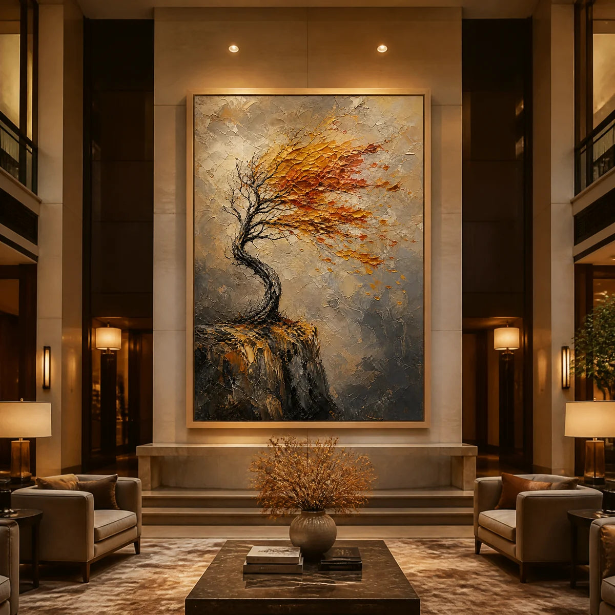 Large-scale textured oil painting of a windswept autumn tree, serving as a focal point in a luxurious hotel lobby.