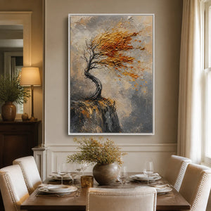 Framed autumn tree landscape art with impasto texture, featured as a wall decoration in a luxury dining room.