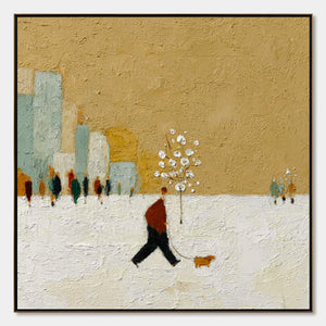 WINTER STROLL: Textured Figurative Cityscape Painting