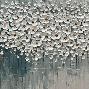 WINTER BLOSSOM- Panoramic Impasto Floral Oil Painting in White and Grey