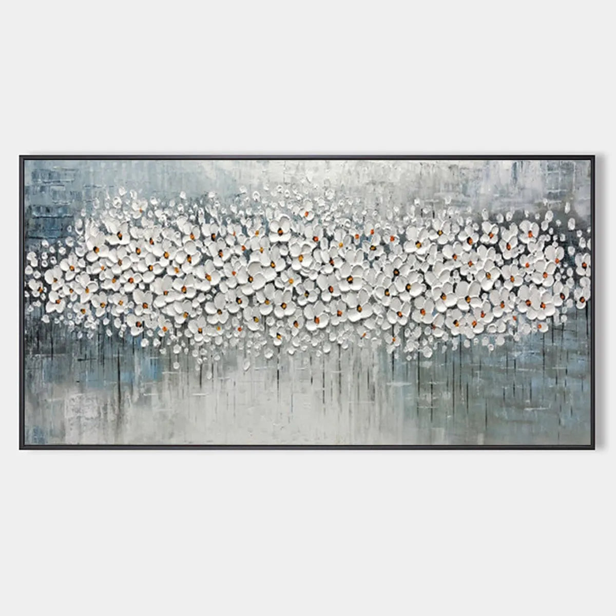 Panoramic Impasto Floral Oil Painting in White and Grey