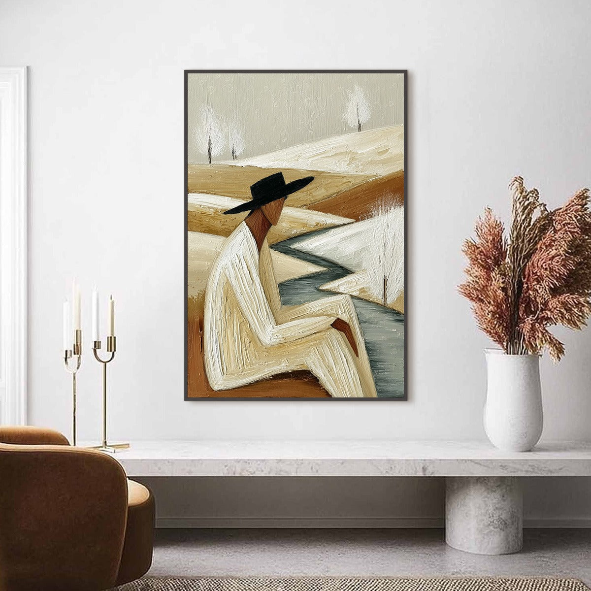 WINTER'S REPOSE: Textured Minimalist Figurative Landscape Painting