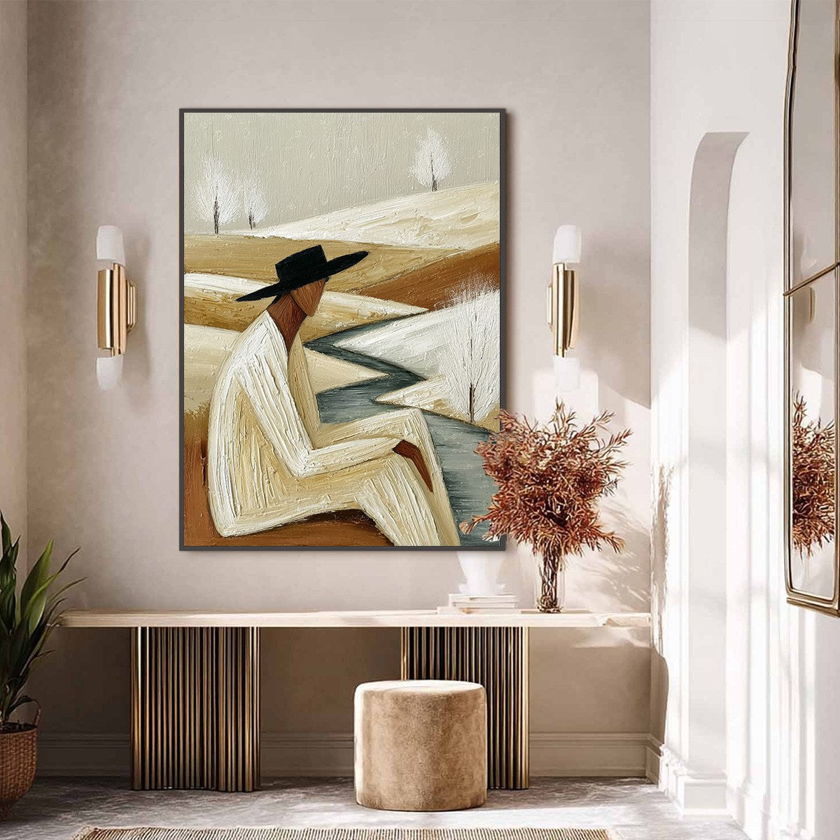 WINTER'S REPOSE: Textured Minimalist Figurative Landscape Painting