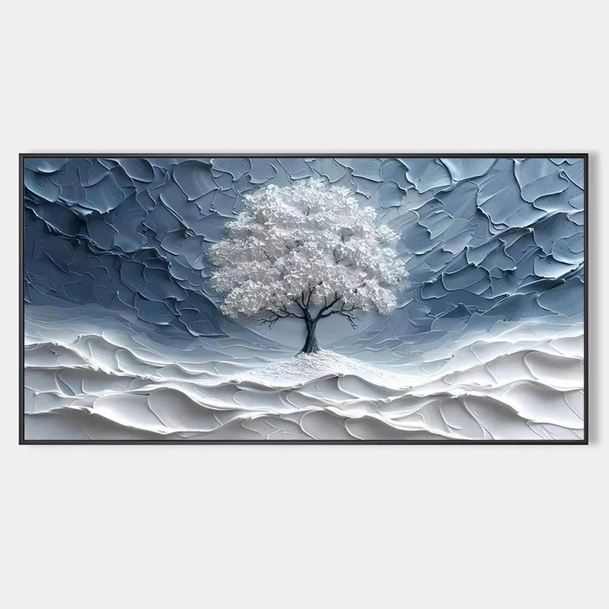 Textured Winter Landscape Painting, Impasto Wall Art, Horizontal Canvas, Tree Art