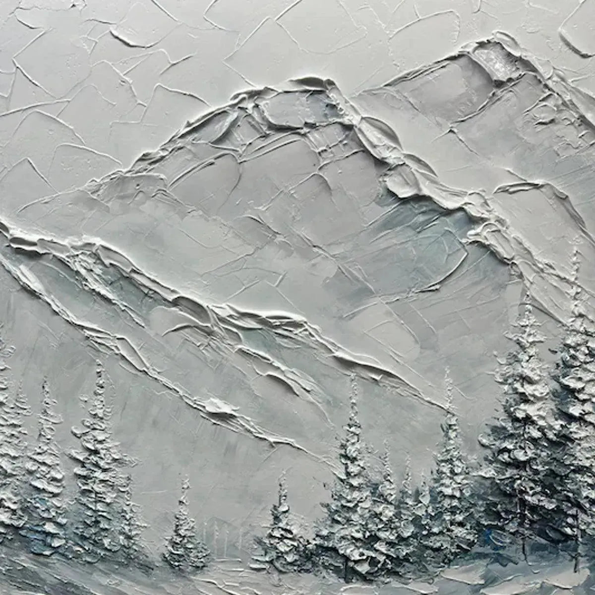 Winter's Embrace textured mountain landscape painting by Liam O'Connell, winter art, framed. Evokes serene winter ambiance.