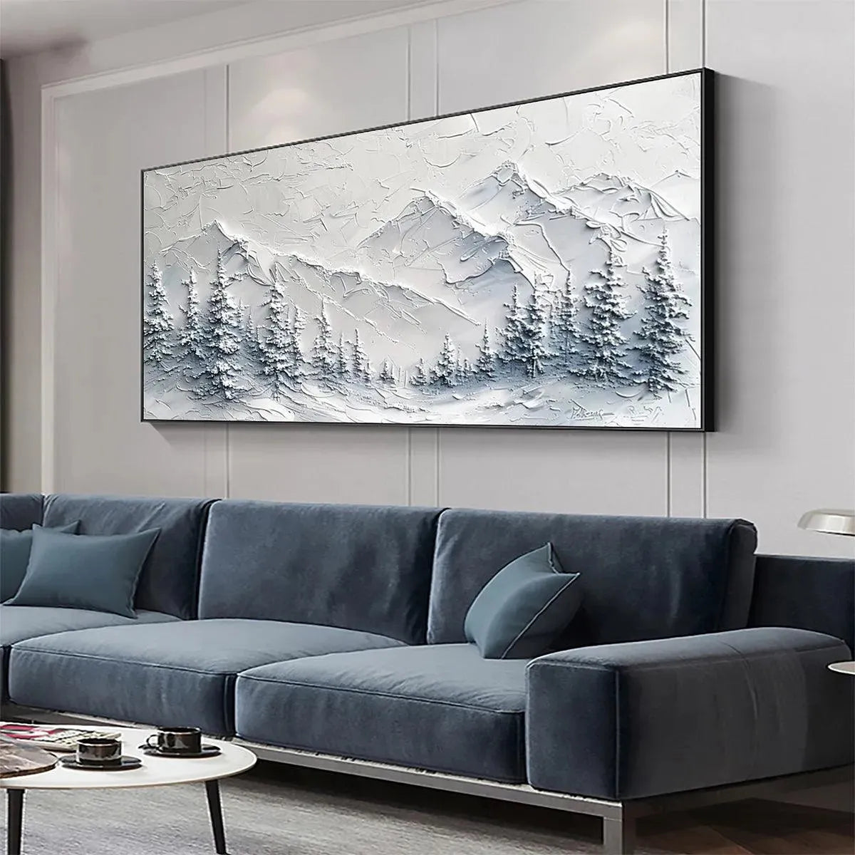 Winter's Embrace textured mountain landscape painting by Liam O'Connell, winter art, framed. Evokes serene winter ambiance.