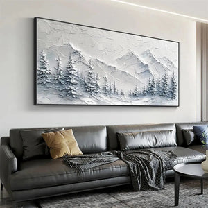 Winter's Embrace painting by Liam O'Connell: textured snow mountain landscape, winter pines, framed artwork.