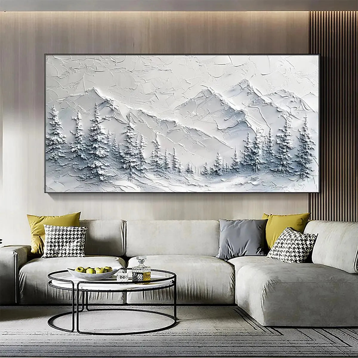 Winter's Embrace framed painting by Liam O'Connell: textured snow mountain landscape with winter pines, tranquil winter art