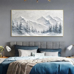 Winter's Embrace by Liam O'Connell: textured snow mountain landscape with winter pines, framed artwork