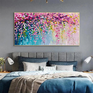 Wisteria Cascade art by Elodie Dubois: Impressionist painting of cascading pink and purple blossoms, horizontal wall art.