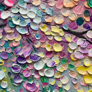 Elodie Dubois' textured impressionist art, close-up of Wisteria Cascade's brushstroke with vibrant pink and purple petals.