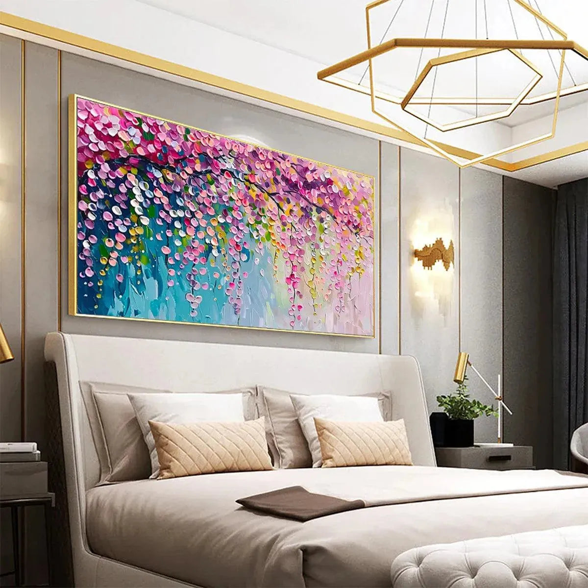 Wisteria Cascade painting by Elodie Dubois, horizontal art with textured brushstrokes and vibrant colors in bedroom.