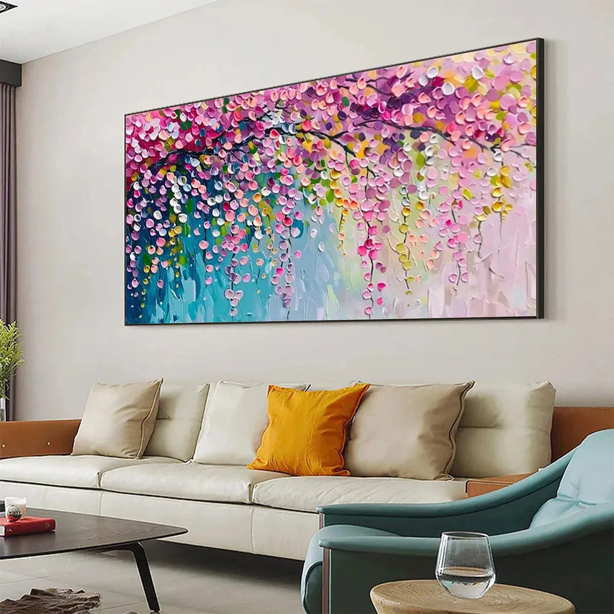 Wisteria Cascade art by Elodie Dubois: Impressionist painting of cascading pink and purple blossoms, horizontal wall art.