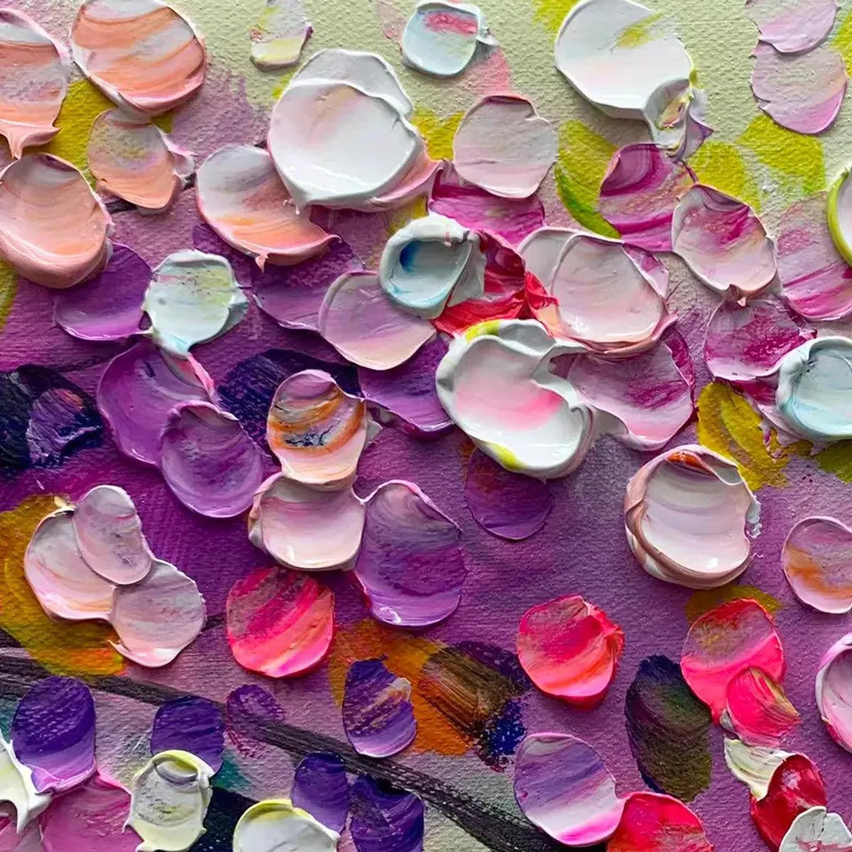 Wisteria Cascade art by Elodie Dubois: Impressionist painting of cascading pink and purple blossoms, horizontal wall art.