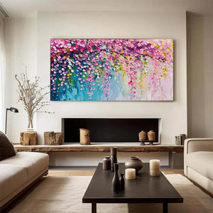 Elodie Dubois' Wisteria Cascade: Horizontal impressionist art with pink and purple blossoms, perfect for home decor.