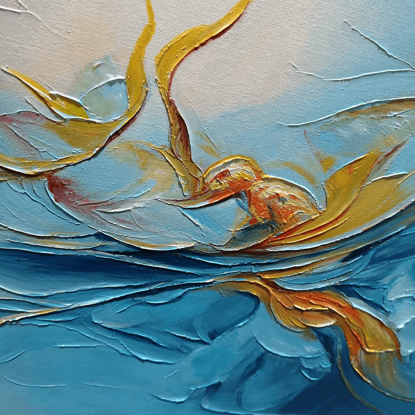 GOLDEN CURRENTS: Panoramic Abstract Teal and Gold Oil Painting