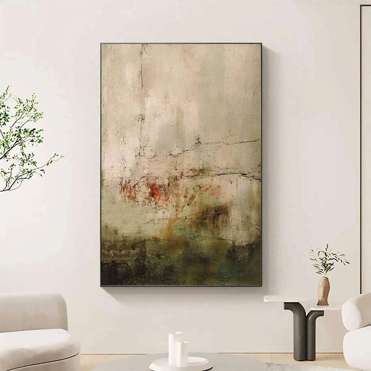 Wabi Sabi Terrain: textured abstract vertical art with muted earth tones, red & green accents, in a minimalist room.