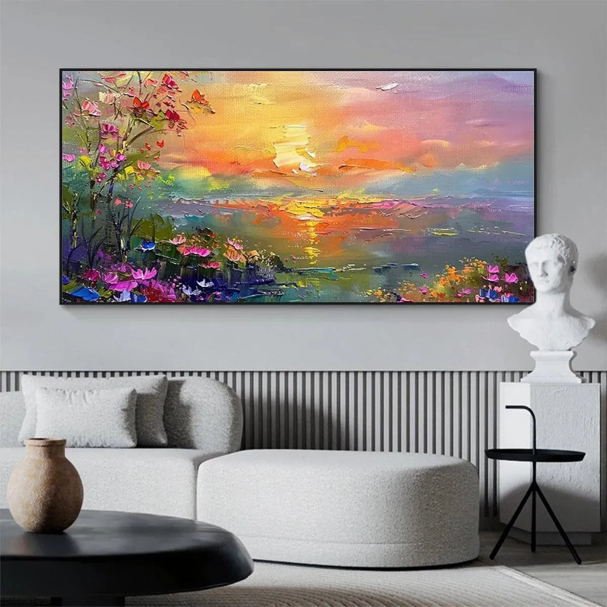 Impressionistic watercolor sunset landscape painting with flowers, accentuating modern living room decor.