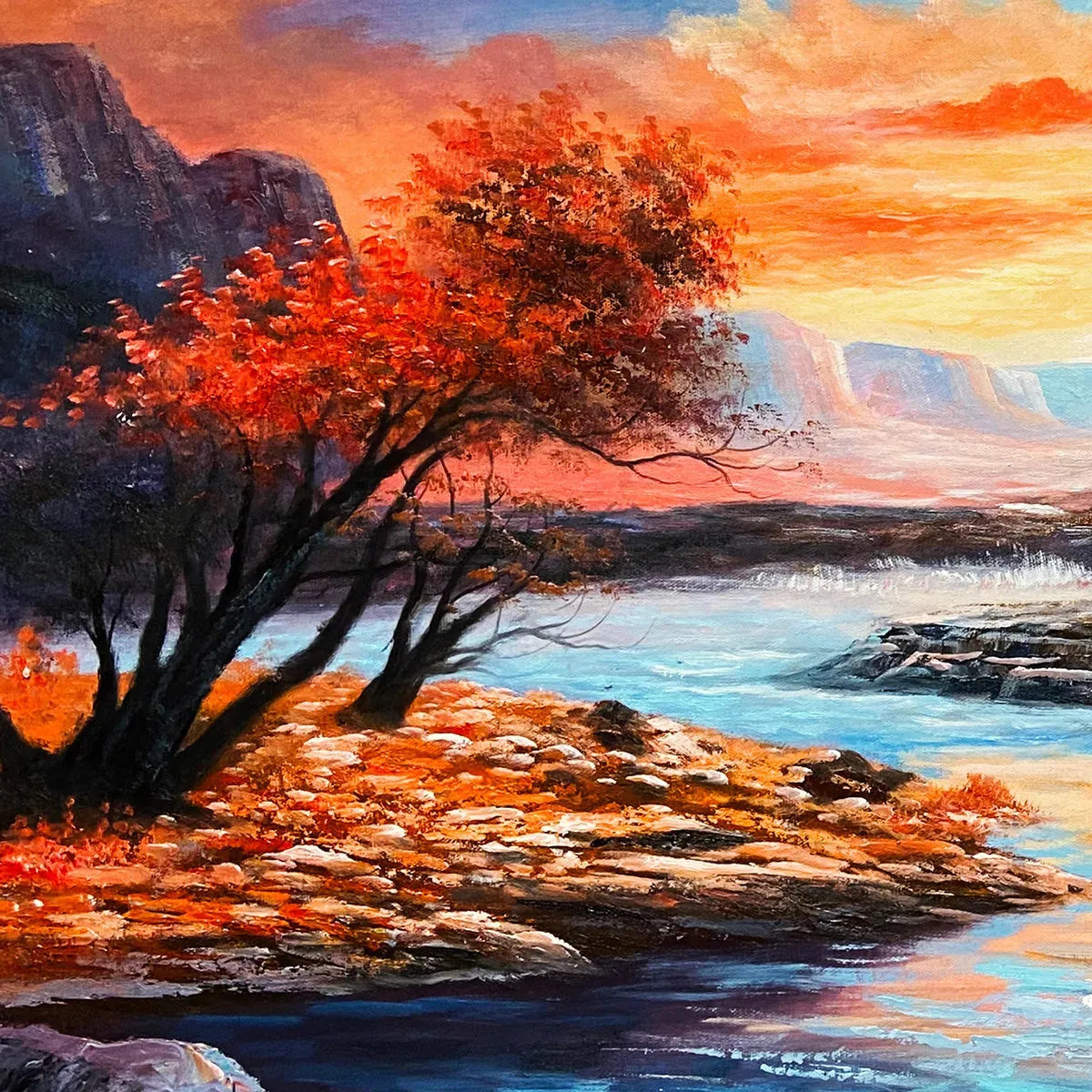 AUTUMN RIVER: Landscape Painting of a River at Sunset, Mountains, and Autumn Trees, Modern Wall Art