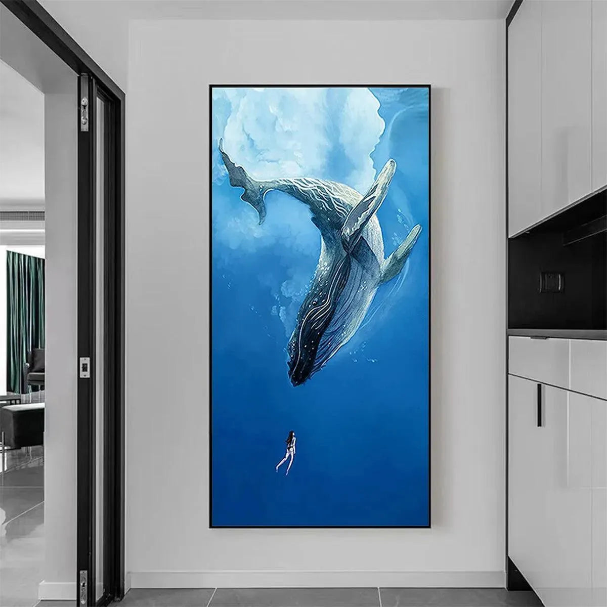 Ethan Walker's Whale Encounter vertical wall art. Majestic whale and diver in blue ocean, nature-inspired wall art.