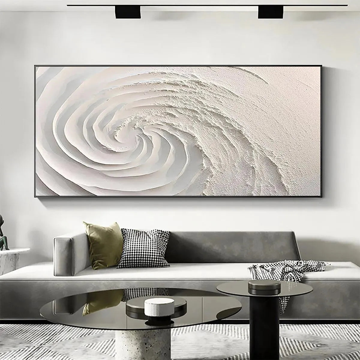 WHIRLWIND textured white abstract painting by Isabella Rossi, showcasing impasto spiral on canvas in a living room.