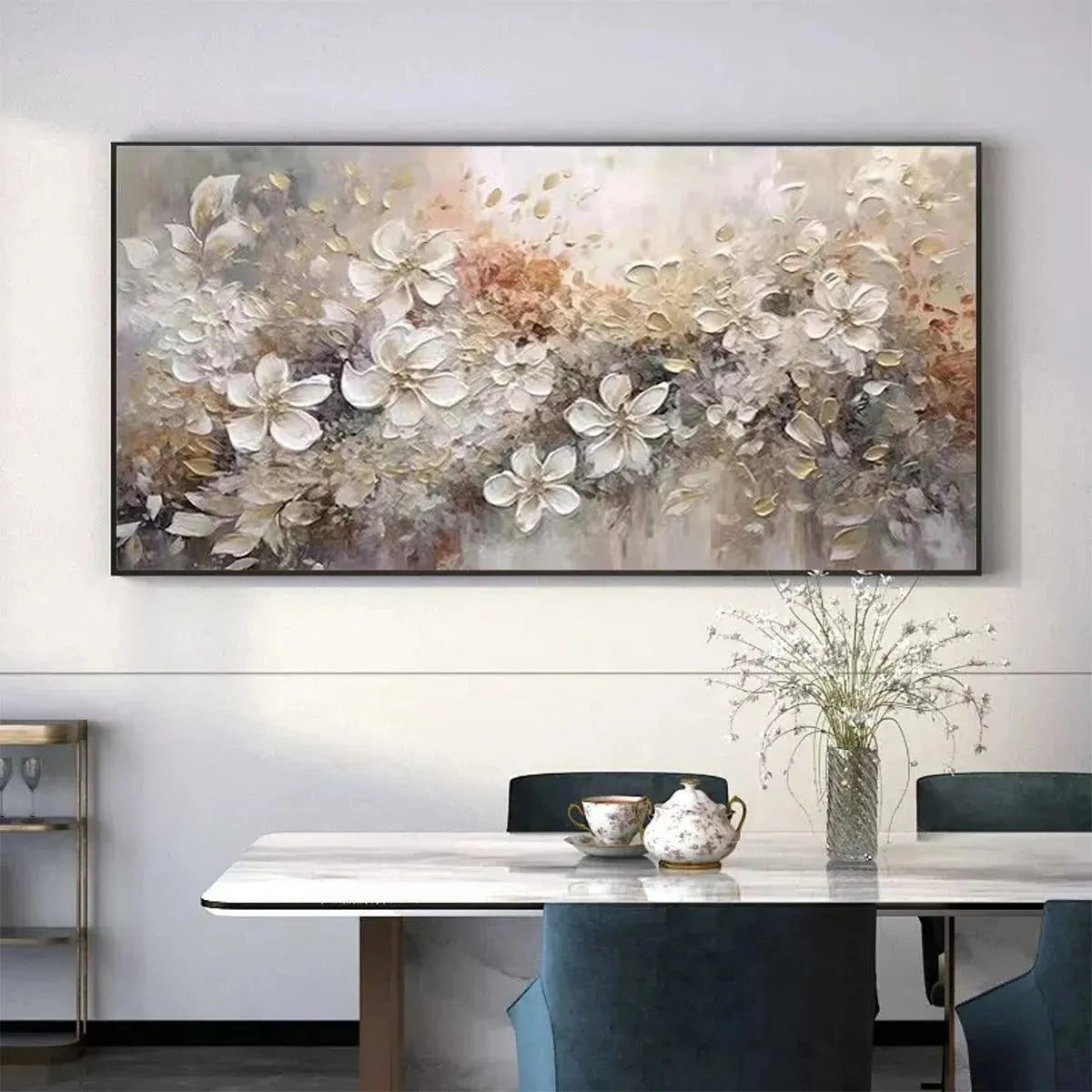 WHISPERING BLOSSOMS horizontal impasto painting: textured beige and white floral blooms, Elodie Dubois art.