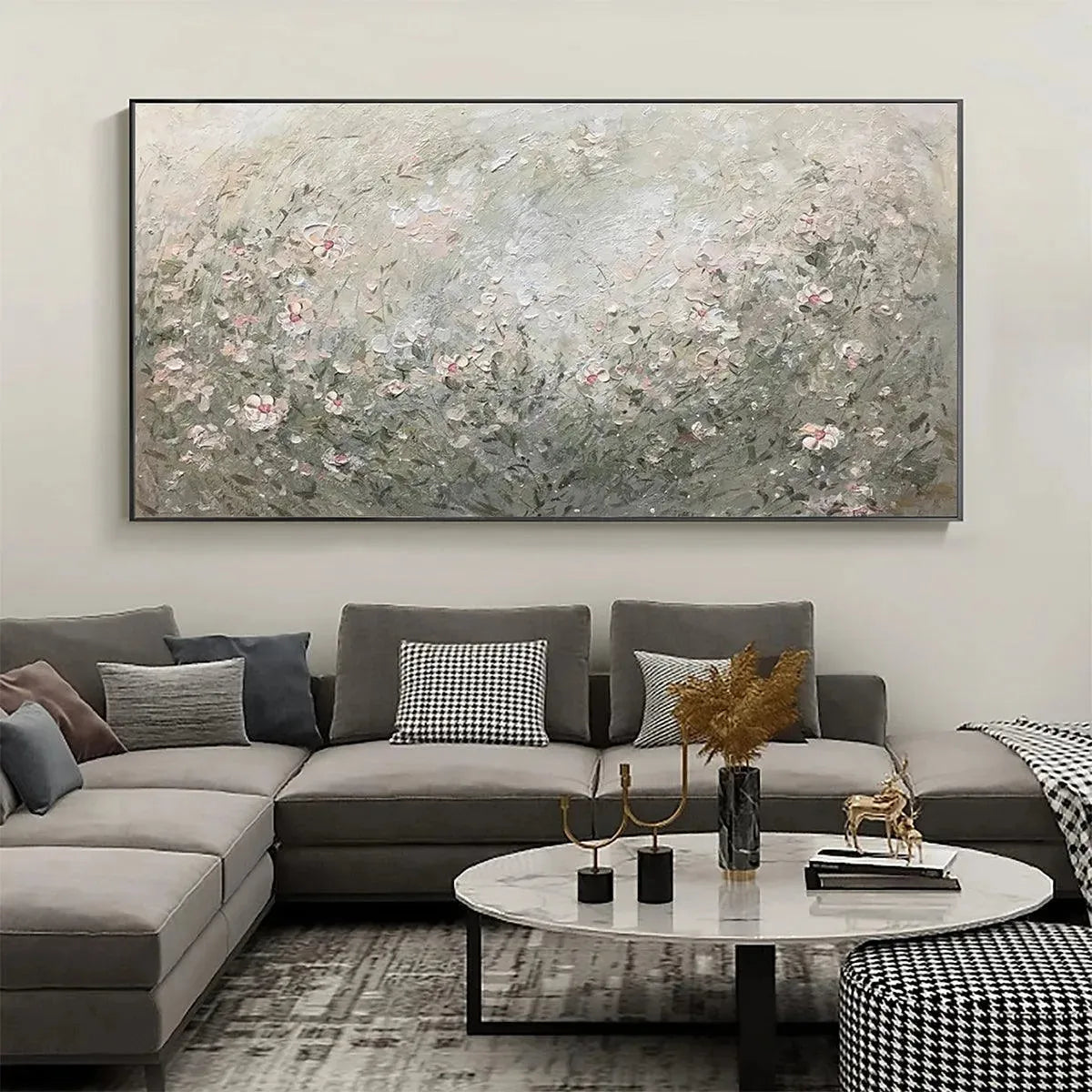 Whispering Meadow painting by Elodie Dubois, framed artwork, impressionistic wildflower landscape in a living room