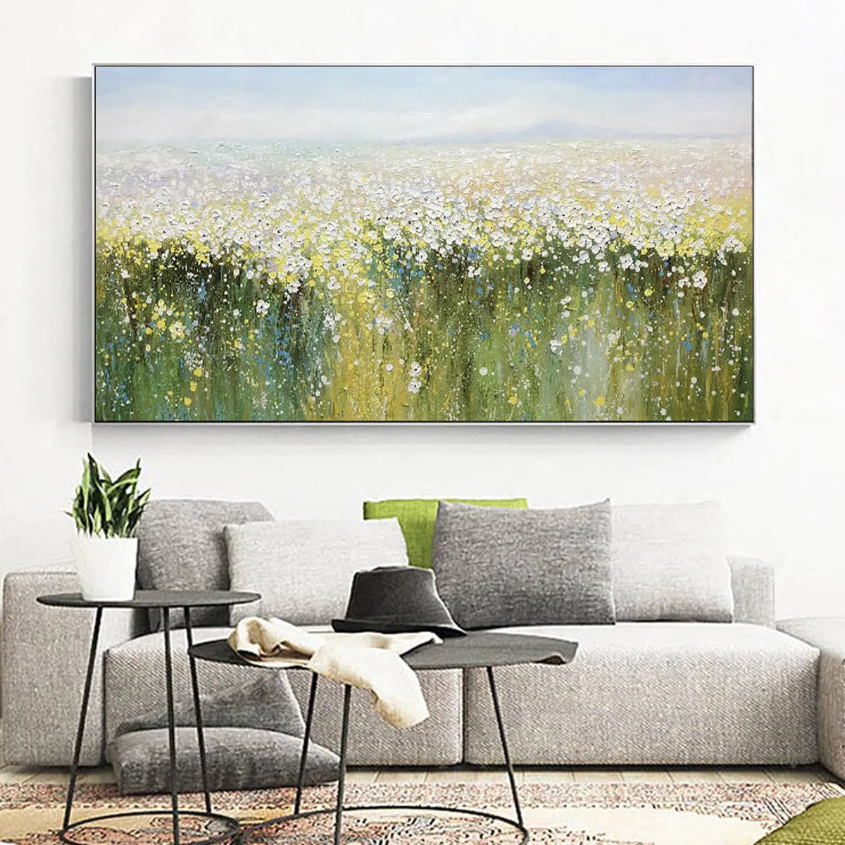 Whispering Meadow: Panoramic Impressionistic Wildflower Field Oil Painting on Canvas